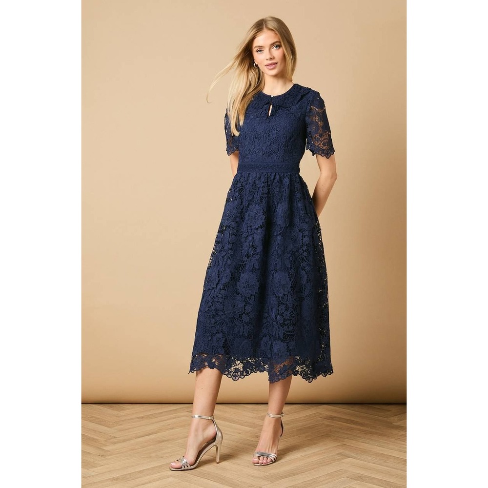 Oasis Occasion Lace Collared Midi Dress Navy Blue US 4 Wedding Guest NWT